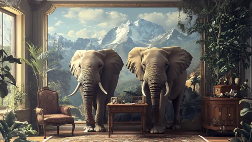 Two elephants occupying elegant living room interior.