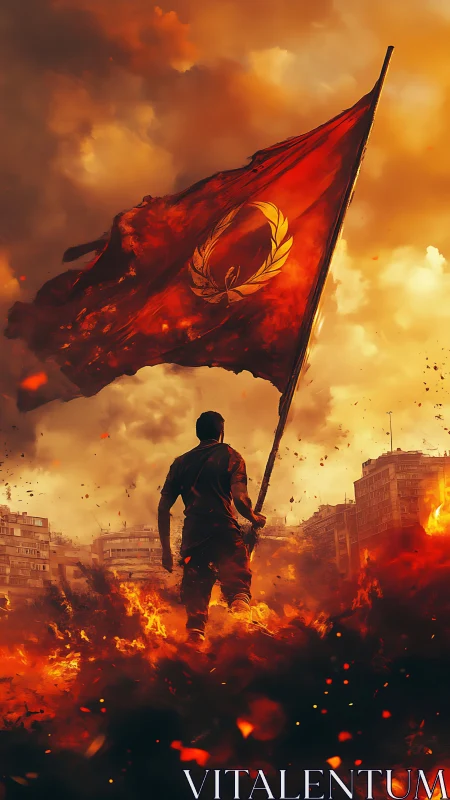 Lone figure raising a blazing red banner over a burning city.