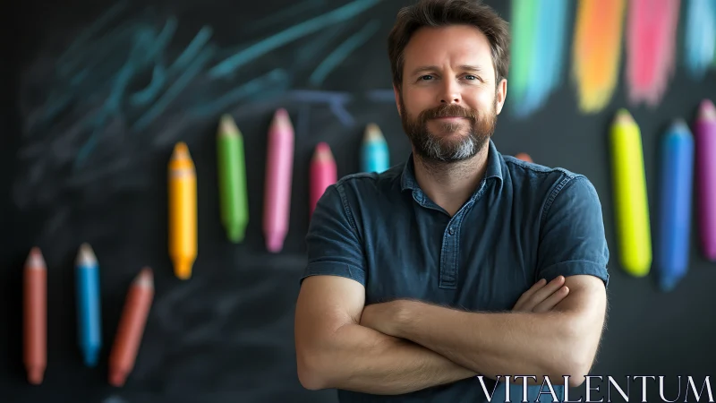 Confident art educator before chalkboard with oversized crayons