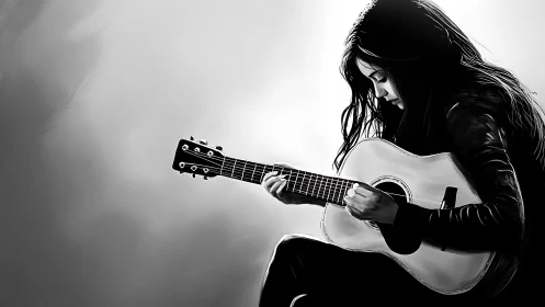 Quiet guitar moment captures a soulful player in grayscale