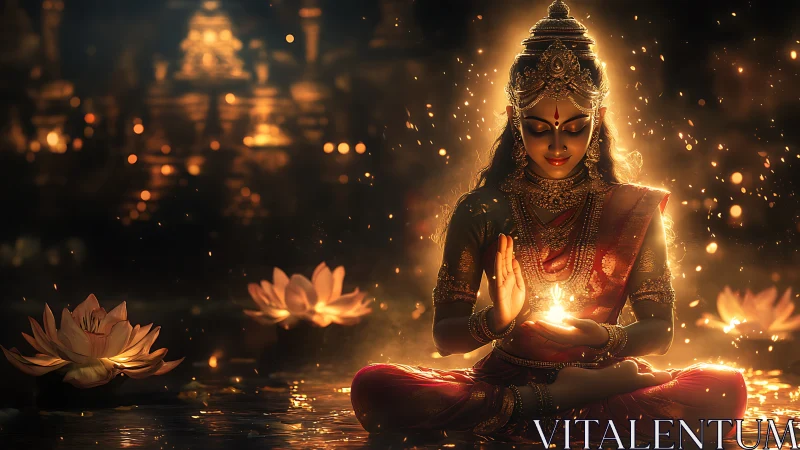 Lotus-lit goddess cradles liquid starlight in twilight calm