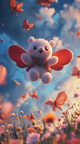 Winged teddy drifts skyward through a blizzard of butterflies