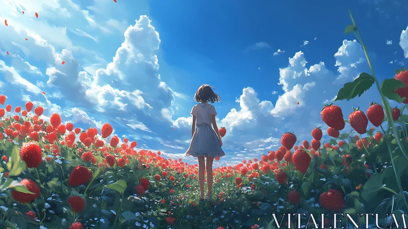 Girl standing in extensive strawberry field under sky.