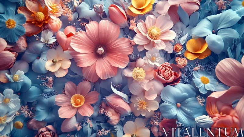 Floral Composition with Pink and Blue Flowers