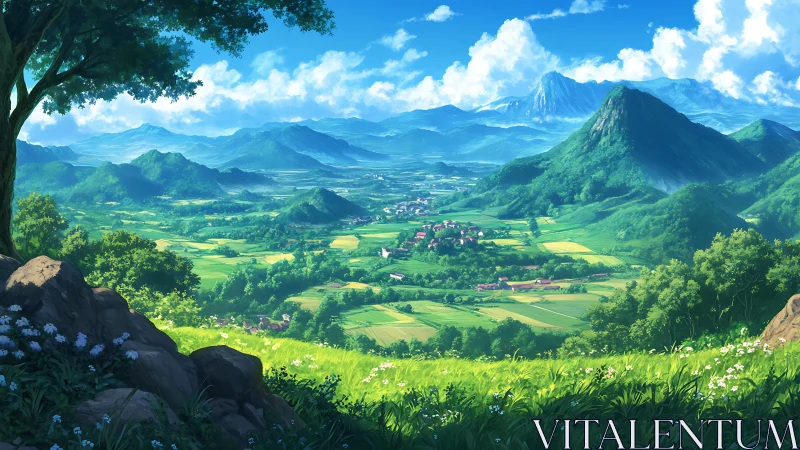 Verdant valley landscape under bright summer mountain sky.