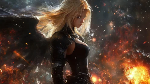 Dark winged warrior stands in burning cosmic battlefield