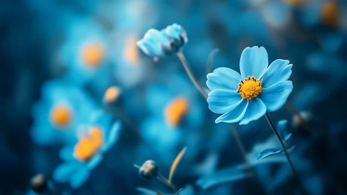 Blue Cosmos Flowers with Yellow Centers in Soft Focus.