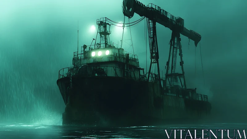 Rusting offshore drilling ship in moody green foggy rain.