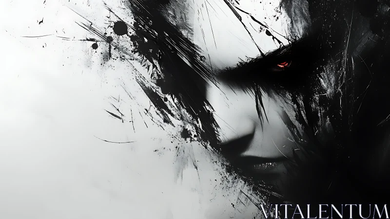 Dark digital portrait with red-eyed, fragmented face.