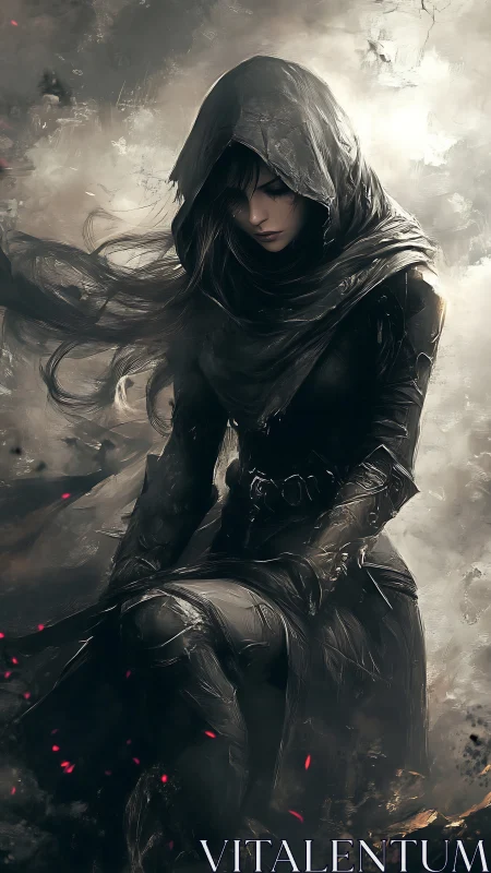 Hooded female figure in dark cloak amid drifting embers.