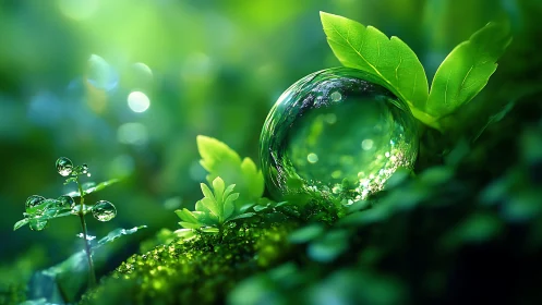 Macro dew sphere on mossy foliage under luminous bokeh glow