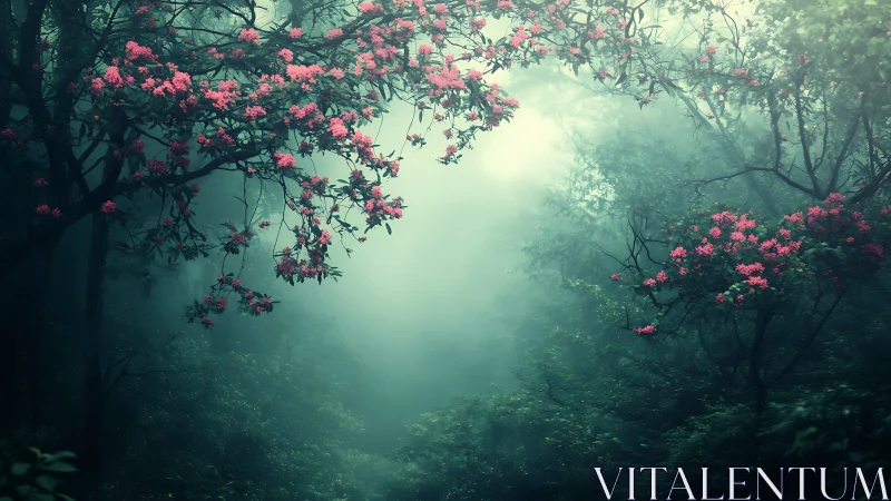 Rhododendron canopy with volumetric atmospheric diffusion and misty forest pathway