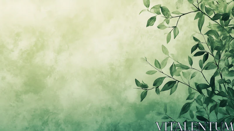 Green watercolor foliage on soft abstract gradient background.