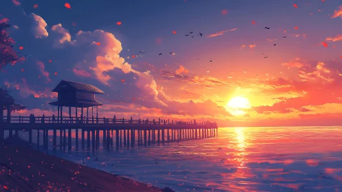 Sunset pier over calm sea in vibrant anime style.