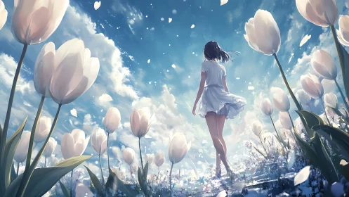 Backlit girl traverses towering tulip field under dynamic sky
