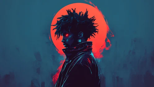 Neon-eyed drifter under an electric crimson moonrise.