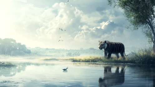 Quiet morning tiger by a misty riverbank under soft sky.