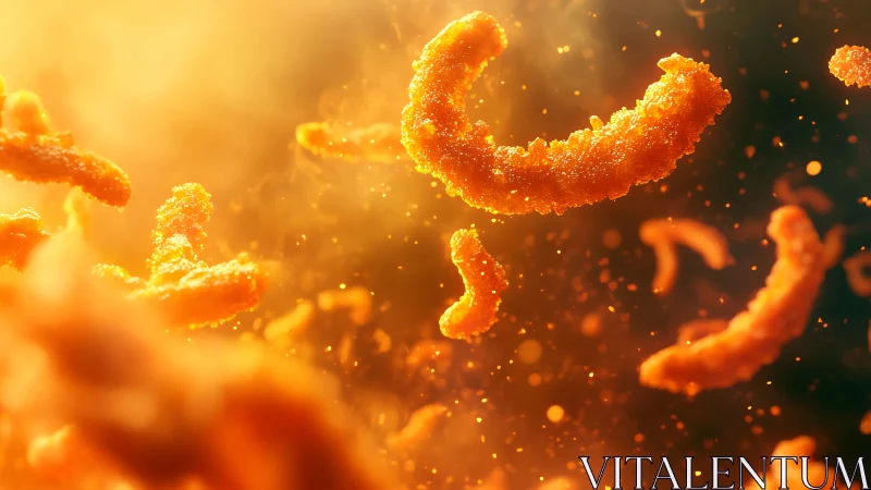 Crispy orange snack curls float through warm golden light