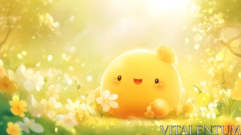 Golden blob creature glows amid dreamy spring meadow.