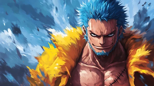 Storm-lit pirate strides through painted ocean fury