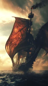 Stormlit warship with burning mast over darkened seas.