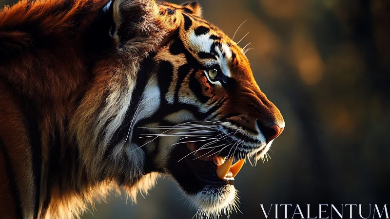 Side profile of tiger in warm backlight, detailed fur view.