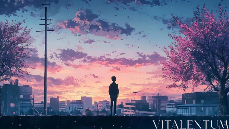 Solitary figure viewing urban skyline under pink sunset.