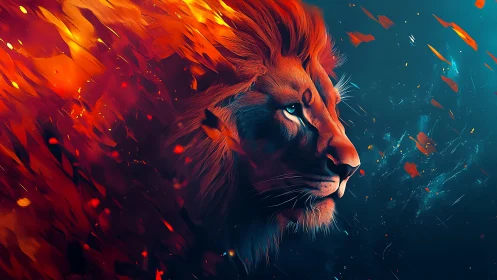 Digital painting of a lion head with fiery particle dispersion.