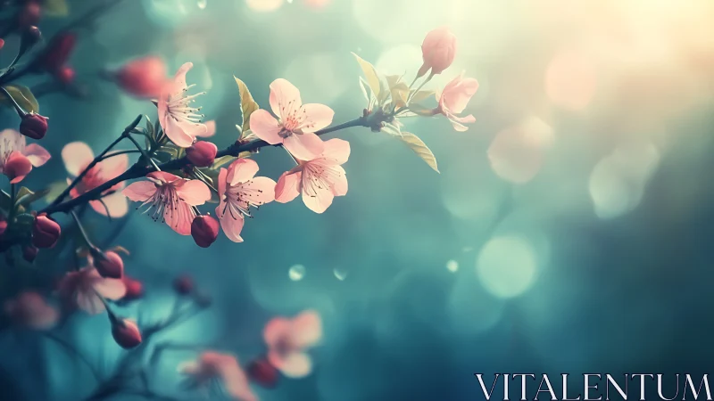 Cherry Blossom Branches: Soft Pink Petals Against Teal Bokeh Background