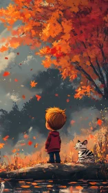 Child and cat watch vivid autumn leaves swirl in wind.