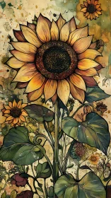 Sunflower giant rises over an inky wild garden dream.