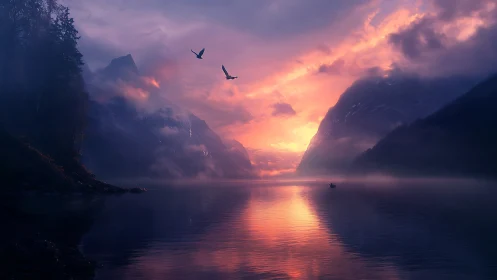 Mountain lake reflects vivid sunset sky behind misty peaks