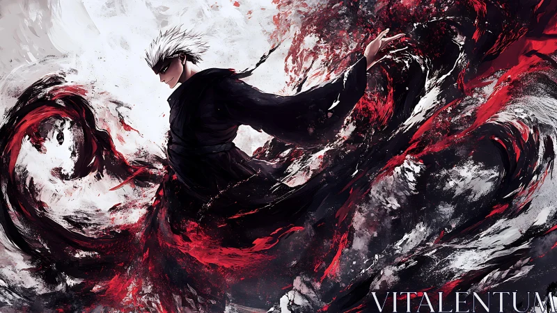 Masked warrior commands turbulent crimson energy vortex