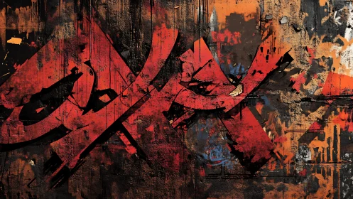 Red abstract graffiti script spans textured concrete wall