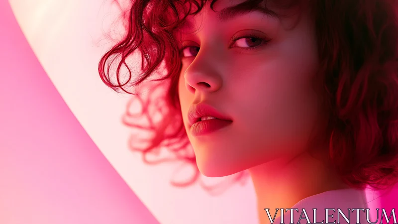Digital portrait of woman in pink and red lighting.