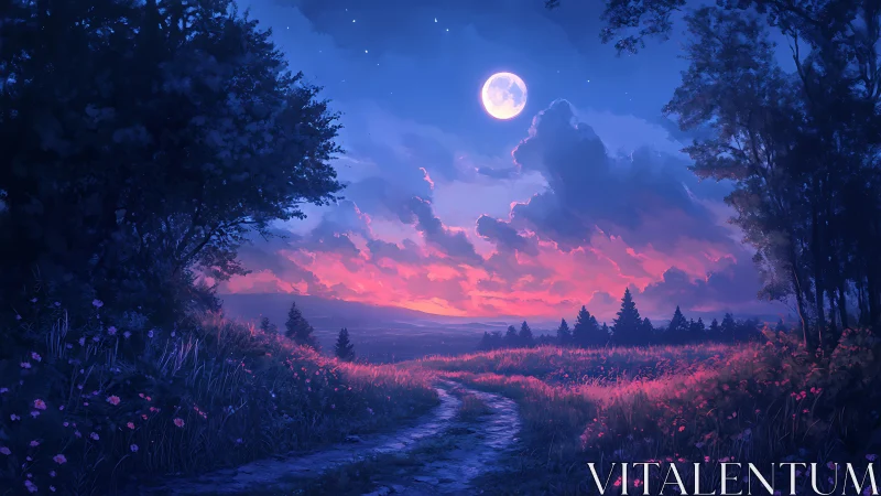 Moonlit wildflower path under cotton-candy twilight clouds.
