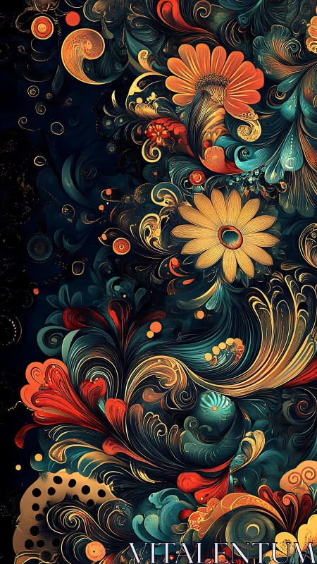 Floral fractal forms spiral across a dark decorative field