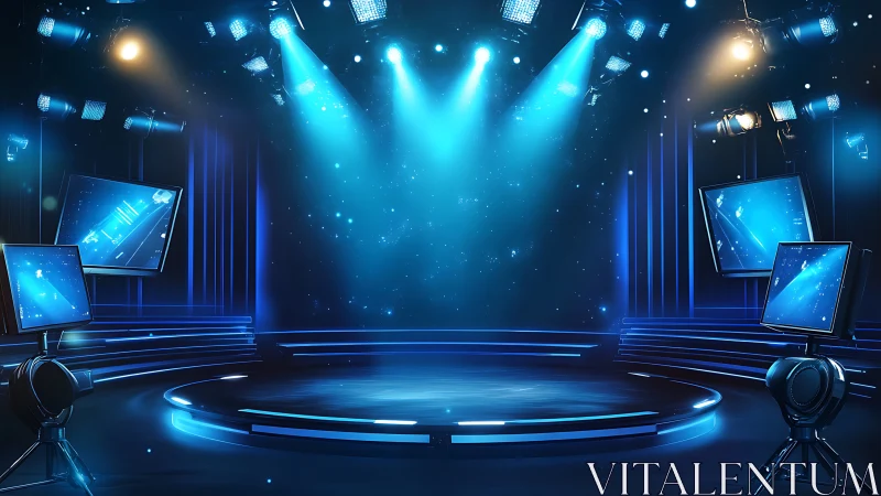Blue-lit futuristic stage waiting for the next big moment.