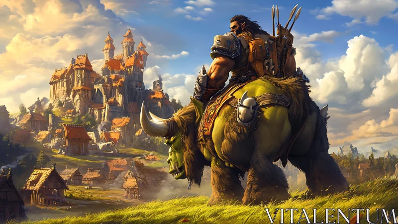 Armored warrior surveys sunlit fantasy citadel from his mount