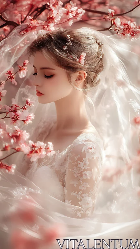 Female figure in lace dress stands among flowering branches