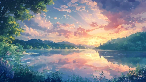 Sunlit mountain lake at vivid pastel sunset horizon.