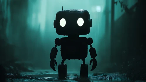 Backlit robot silhouette in cinematic teal street haze.