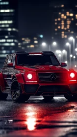 Photorealistic red SUV night portrait with cinematic lighting.