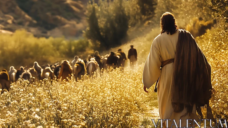 Backlit robed figure leading rural procession through golden meadow.