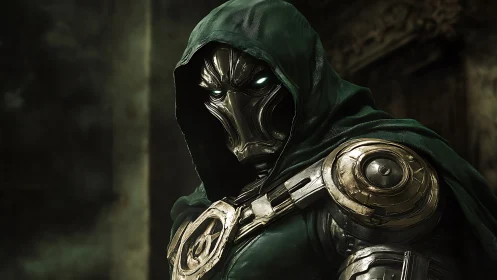 Cybernetic hooded warlord with luminous ocular implants.