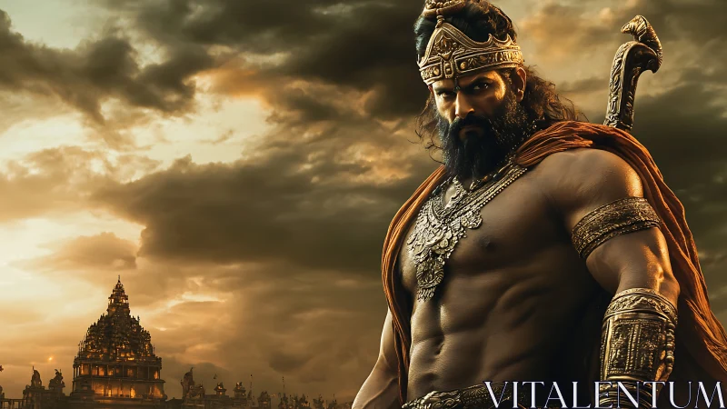 Storm-lit warrior king stands guard over a golden temple