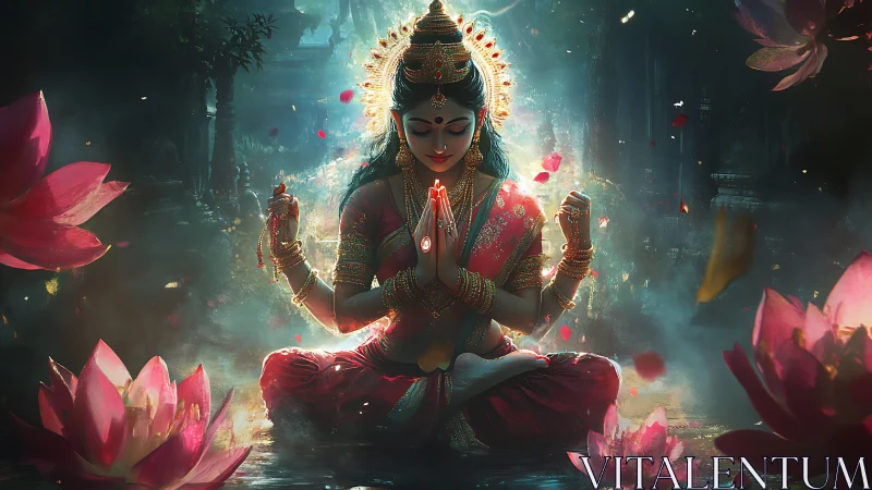 Lotus goddess meditates in luminous temple pool.