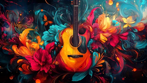 Acoustic guitar central with swirling neon floral abstractions