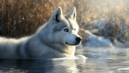 Blue-eyed husky in winter river with soft backlit snowfall