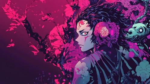 Intense anime warrior with neon flora and skeletal motif.